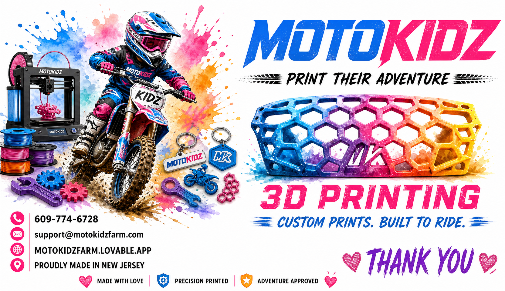 MotoKidz 3D Printing business card — Custom 3D prints, 609-774-6728, support@motokidzfarm.com, proudly made in New Jersey