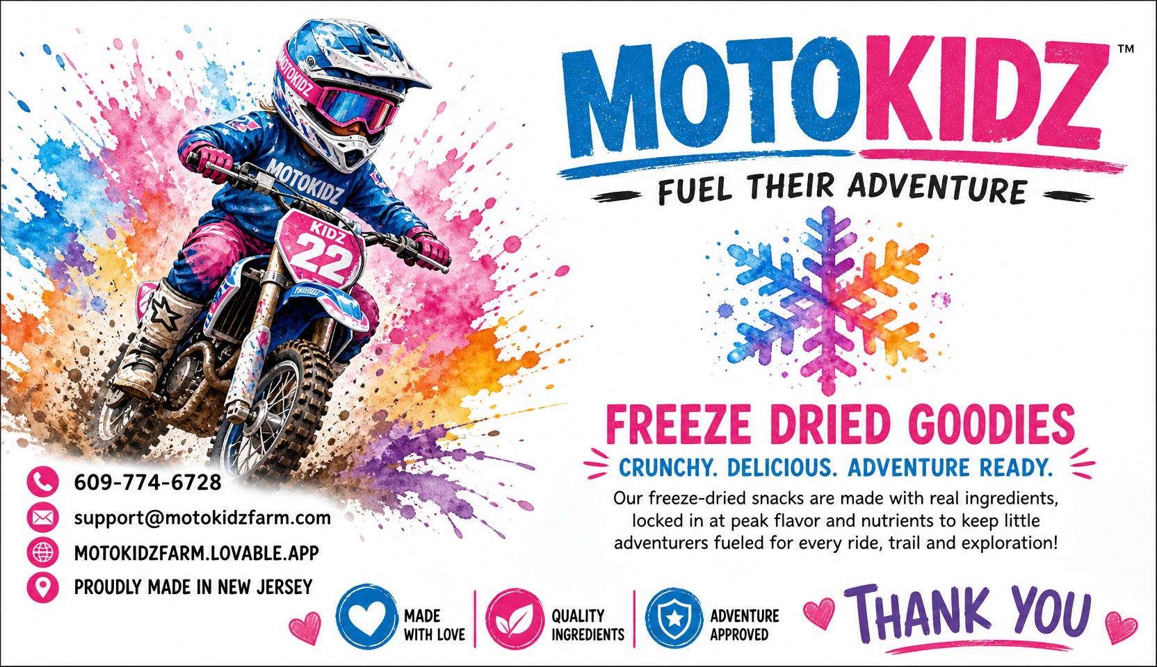 MotoKidz Farm business card — Freeze Dried Goodies, 609-774-6728, support@motokidzfarm.com, proudly made in New Jersey