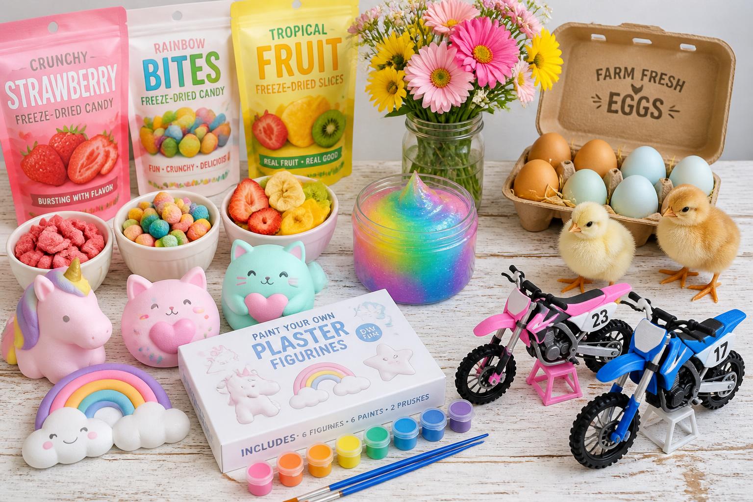 MotoKidz Farm goodies: freeze-dried snacks, slime, squishies, plaster paint kits, flowers, 3D printed dirt bikes, farm-fresh eggs and baby chicks